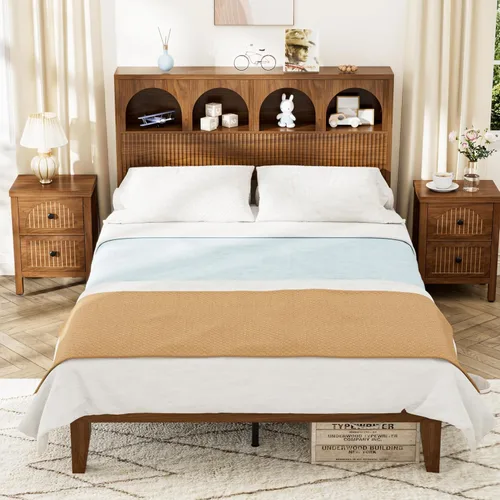 Miniatura 9 de Lxsxlome Base de cama matrimonial con cabecera ondulada, cabecera de almacenamiento con 4 compartimentos de almacenamiento arqueados, marco de cama