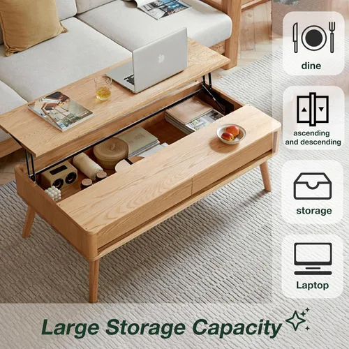 Miniatura 4 de Mesa auxiliar elevable con almacenamiento, mesa de centro elevadora de madera de roble 100% maciza, mesa de centro de madera de 39 pulgadas