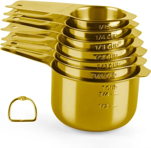 7 tazas medidoras doradas de acero inoxidable, tazas medidoras de metal anidables con marcas y anillo, juego de cucharas medidoras apilables para