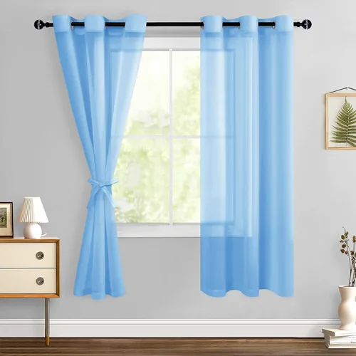 Miniatura 161 de Hiasan - Cortinas traslúcidas de gasa cortas semitransparentes con ojales y alzapaños filtrantes de luz para ventana, dormitorio, baño, 2 paneles