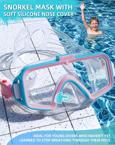 Miniatura 4 de Gafas de natación para niños con cubierta para la nariz, gafas de natación antivaho de dos colores para 6-14, máscara de buceo de esnórquel