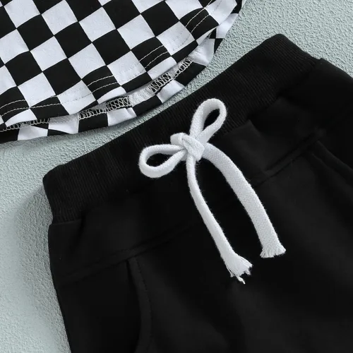 Miniatura 6 de Conjunto de ropa de verano para niños pequeños, de algodón, con estampado de tablero de ajedrez, sin mangas, camiseta y pantalones cortos casuales