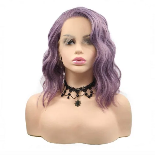 Miniatura 2 de Pelucas sintéticas de encaje frontal de 14 pulgadas para mujeres, vacaciones, cosplay, fiesta, lavanda, violeta, morado, color mezclado, resistente