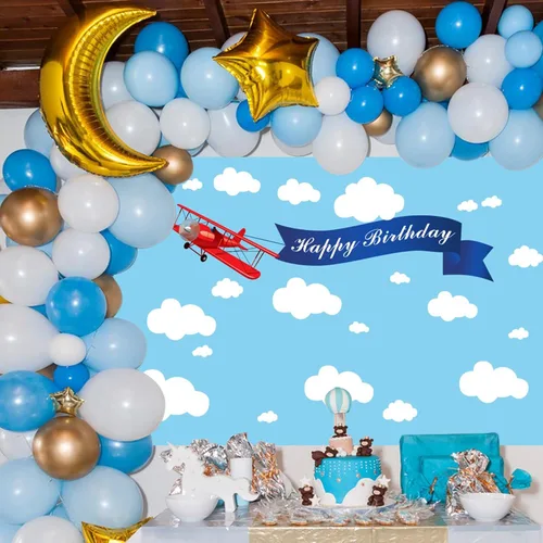 Miniatura 3 de Telón de fondo de 5 x 3 pies con diseño de avión rojo, diseño de dibujos animados, cielo azul, nubes blancas, feliz cumpleaños, fotografía, fondo