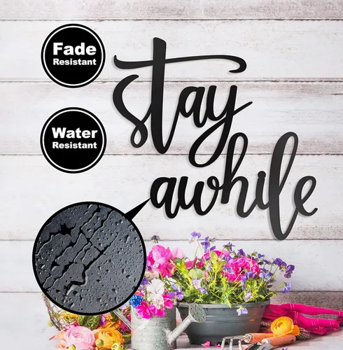 Miniatura 5 de Vivegate Letreros metálicos para pared con texto en inglés «Stay Awhile», 2 letreros negros para decoración del hogar (mediano: 28 x 12 pulgadas)