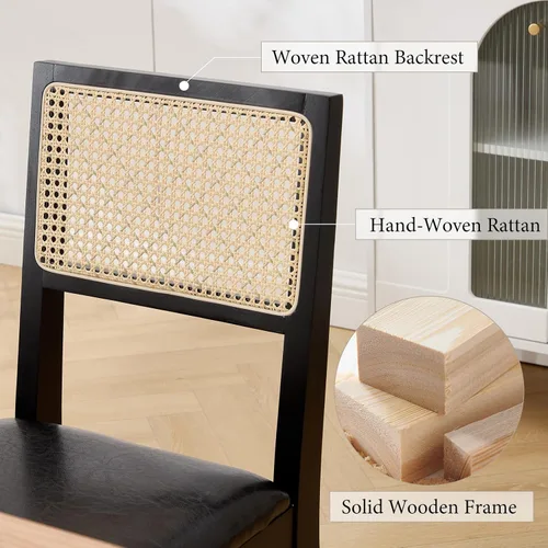Miniatura 3 de Juego de 2 sillas de comedor de ratán, sillas de comedor de cocina con respaldo de bastón, silla tapizada de ratán moderna de mediados de siglo