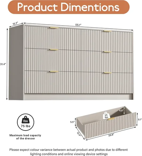 Miniatura 2 de Furniway Cómoda Beige para Dormitorio, Cómoda Moderna con 6 Cajones y Deslizadores Suaves, Cómoda Ancha con Manijas Doradas para Dormitorio, Sala