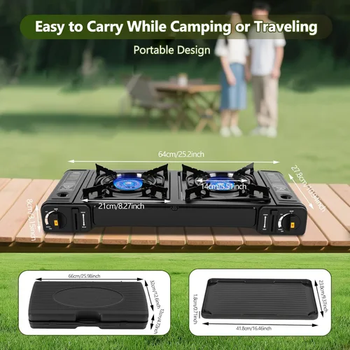 Miniatura 4 de Estufa de butano de doble quemador, kit de estufa de butano para acampar con bandeja para hornear y funda de transporte, quemador portátil