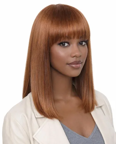 Miniatura 14 de Peluca de cabello humano lacio rubio 613 de 15 pulgadas con flequillo, sin pegamento, sin encaje frontal, Yaki Bob para mujer