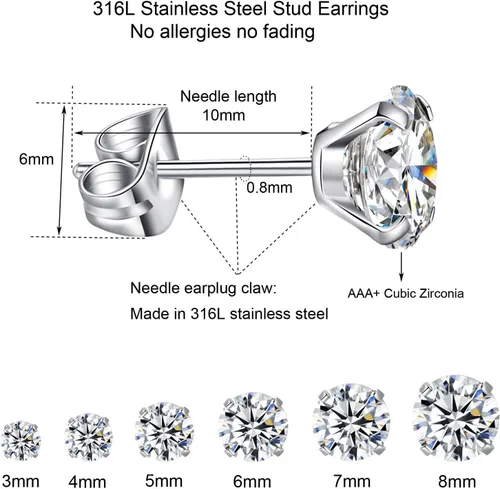 Miniatura 4 de Juego de 6 pares de aretes tipo dormilona hipoalergénicos con circonita cúbica de acero inoxidable 316L, 0.118-0.315 in