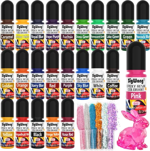 SigWong Pigmento de color de resina epoxi – Juego de 24 colores de tinte epoxi líquido con 6 purpurina, altamente concentrado, pigmento de resina no