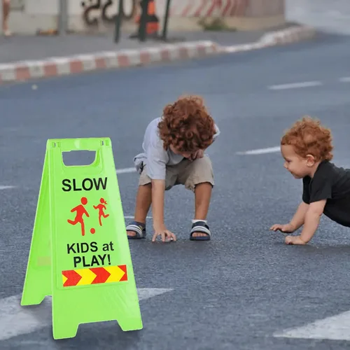 Miniatura 6 de Letreros de "Slow Kids at Play" para calle, texto de doble cara y gráficos con cinta reflectante, letrero de seguridad para niños en juego para Verde