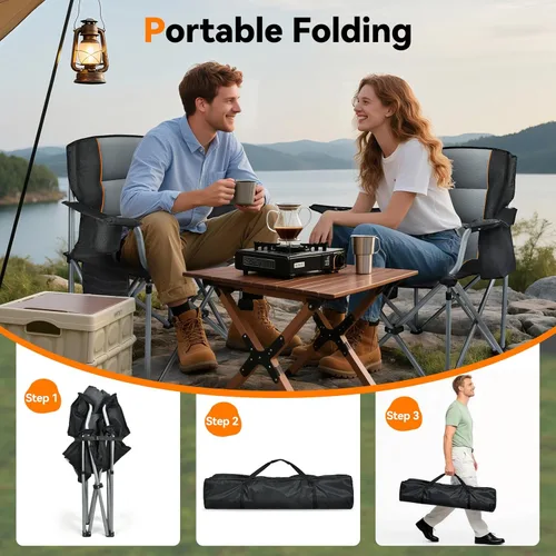 Miniatura 7 de Sillas de campamento, paquete de 2 sillas plegables de gran tamaño resistentes totalmente acolchadas para exteriores con soporte para tazas, bolsa