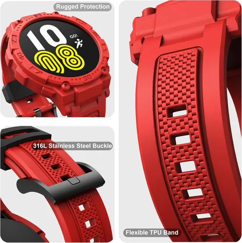 Miniatura 2 de Correa compatible con Galaxy Watch 5/4 de 1.732 pulgadas con funda, funda protectora resistente y deportiva militar, color rojo