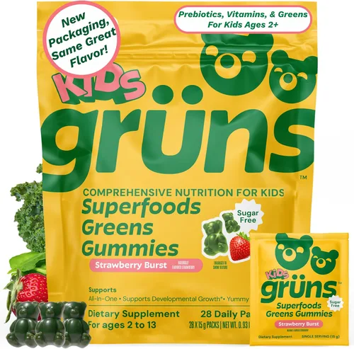 Miniatura 10 de Gruns Multivitamínico para niños, gomitas Super Greens, más de 20 vitaminas y minerales, espirulina, clorella, alfalfa, fibra prebiótica