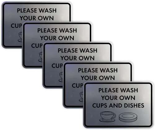 Miniatura 39 de Letrero clásico enmarcado con texto en inglés «Please Wash Your Own Cups and Dishes» (oro cepillado), pequeño