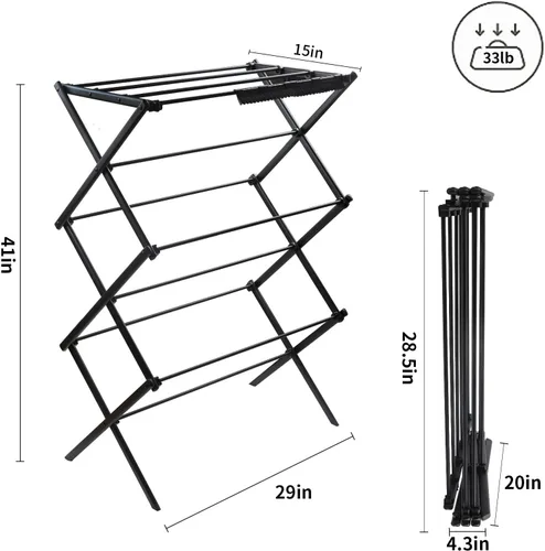Miniatura 3 de Estante de secado de ropa plegable de 3 niveles, estante vertical portátil y plegable para almacenamiento en interiores y exteriores, color negro