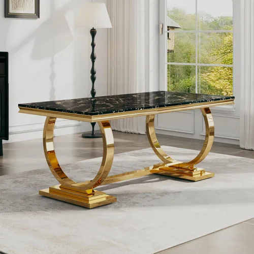 Miniatura 22 de Juego de mesa de comedor de 7 piezas, mesa de cocina de lujo de mármol sintético blanco de 70 pulgadas y 6 sillas copetudas de terciopelo beige