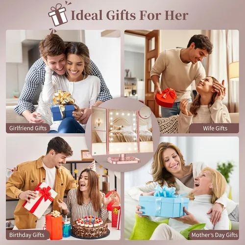 Miniatura 6 de HUONUL - Espejo de maquillaje para tocador con luces, aumento de 2X, 3X y 10X, control táctil, espejo triple, fuente de alimentación doble, regalos