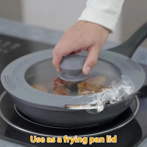 Miniatura 3 de Tapa de filtro templado para ollas de sopa de pasta, tapa universal con borde de silicona resistente al calor, 10-12 pulgadas, color gris claro
