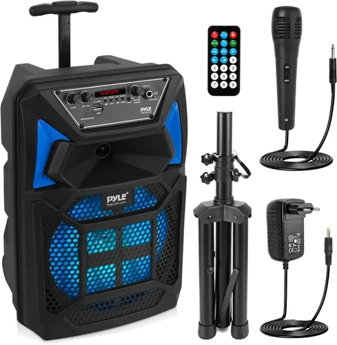 Pyle Sistema de altavoces PA Bluetooth portátil - Altavoz Bluetooth para exteriores de 400W, sistema PA portátil con entrada de micrófono, luces de