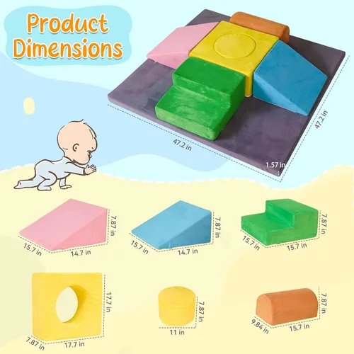 Miniatura 2 de Bloques de escalada de espuma para niños pequeños con tapete de juego para gatear de 47 x 47 pulgadas, juego suave de 7 piezas para bebés, juguetes