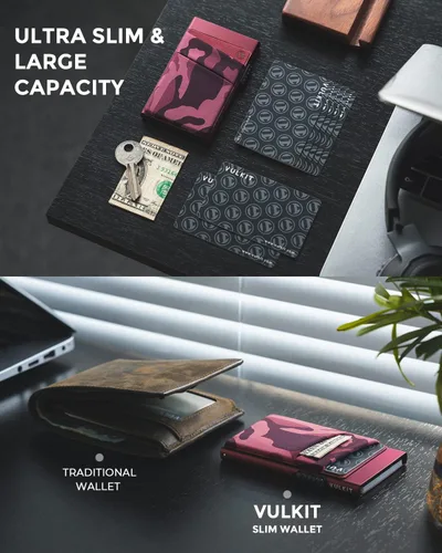 Miniatura 2 de VULKIT Cartera desplegable para tarjetas de crédito con bloqueo RFID, funda delgada de aluminio de metal con bolsillo para dinero para tarjetas