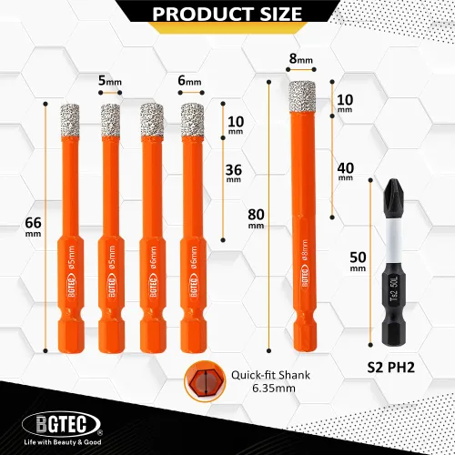 Miniatura 3 de BGTEC Juego de brocas de diamante 6 piezas - 5 mm*2+6 mm*2+8 mm con punta de destornillador PH2 para azulejos de porcelana, mármol, granito