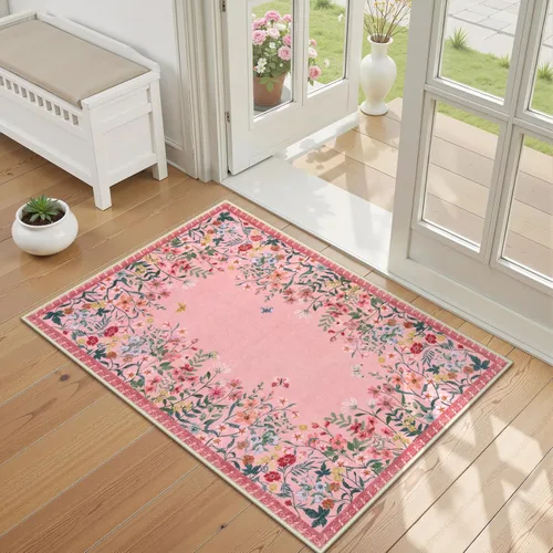 Miniatura 26 de Wonnitar Alfombra de área lavable de 2 x 3, alfombra de entrada floral verde, alfombra bohemia pequeña antideslizante para baño, alfombra suave