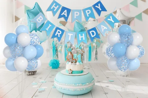 Miniatura 5 de Globos azul bebé y blancos y globo número 1 de 40 pulgadas, decoraciones de primer cumpleaños para niño con globos de confeti azul y blanco