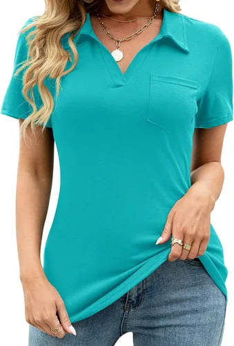 AKEWEI Camisas tipo polo con cuello en V para mujer, manga corta, tops con cuello, holgadas, casuales, túnicas tipo blusa con bolsillo