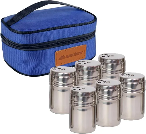 Despachador de condimentos de acero inoxidable portable, juego de 6 unidades con tapas rotativas y bolsa de viaje, salero y pimientero, despachador