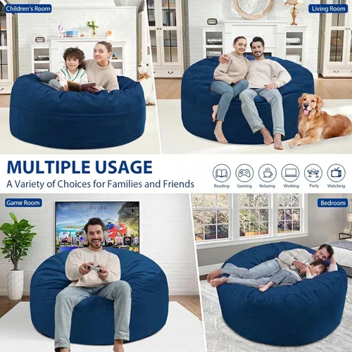 Miniatura 77 de Puf de 5 pies, puf grande con relleno de espuma viscoelástica, sofá puff esponjoso con funda de terciopelo holandés, puf redondo para sala de estar