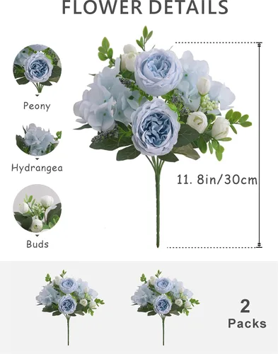 Miniatura 3 de 2 racimos de peonías artificiales, peonías pequeñas de seda azul, arreglos florales de hortensias falsas, centro de mesa, flores sintéticas