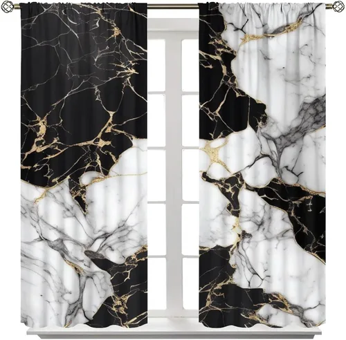 Miniatura 8 de Cortinas de mármol para dormitorio, arte abstracto moderno de lujo, textura de mármol blanco y negro, tratamiento de ventana para sala de estar