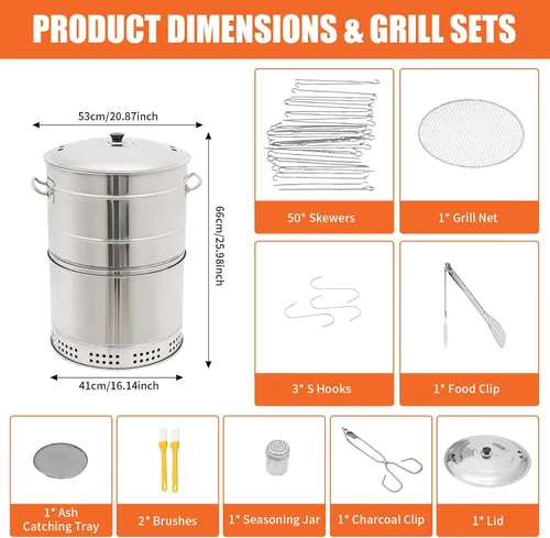 Miniatura 3 de Barril Para Asar Carne - Parrillas de carbón portátiles grandes con gancho en S a la parrilla con clip de pescado inoxidable 360° sin humo al aire