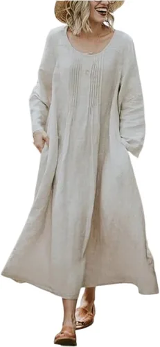 Akivide Womens Cotton Linen Long Sleeve Loose Maxi Dress Plus Size Casual Flowy Pleated Crewneck Beach Dress with Pocket