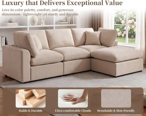 Miniatura 4 de Sofás modulares de nube seccionales para sala de estar, sofá modular grande con otomana, sofá de 3 plazas en forma de L con almohada, color beige