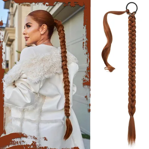 Miniatura 42 de Sofeiyan Extensión de cola de caballo de trenza larga con banda para el cabello, lacio, elegante, envolvente, extensiones de cabello trenzado, cola
