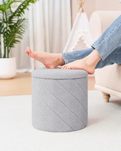 Miniatura 6 de Otomana redonda con almacenamiento, taburete Boucle con tapa de bandeja reversible, mesa de centro otomana plegable para dormitorio, sala de estar