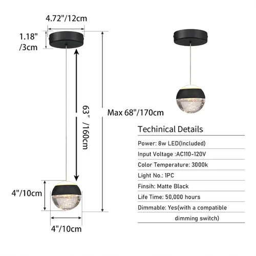 Miniatura 6 de JoollySun Lámpara Colgante de Cristal: Mini Luces Colgantes Negras Modernas para Isla de Cocina y Baño
