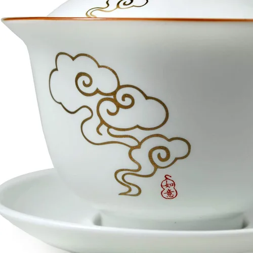 Miniatura 6 de Liang baobao Gaiwan - Taza de té de porcelana de 8 onzas, color blanco esmaltado con borde dorado, sopera china de gongfu, taza de té de gongfu