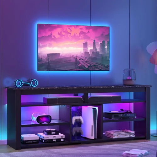 Bestier Soporte de TV para TV de 70 pulgadas, centro de entretenimiento alto con 2 luces LED, consola de TV para juegos con almacenamiento para PS5,