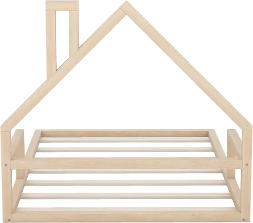 Miniatura 8 de MERITLINE - Cama de suelo de tamaño matrimonial para niños, marco de cama Montessori de madera con cabecera y rieles en forma de casa, plataforma