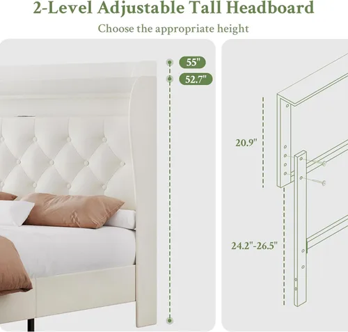 Miniatura 4 de Base de cama tamaño King con cabecera alta, base de cama tapizada con estación de carga y luces LED, moderna cabecera de almacenamiento con respaldo