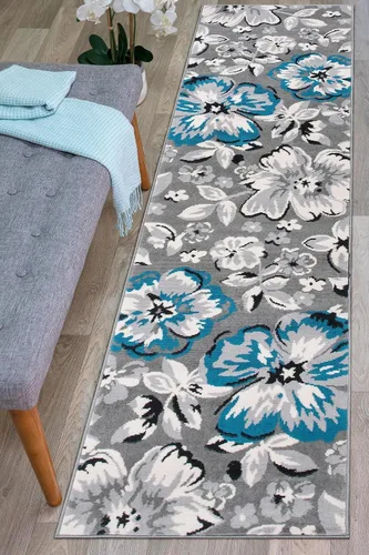 Miniatura 6 de Rugshop Alfombra moderna de diseño floral azul, elegante que no se desprende, 24 x 87 pulgadas para sala de estar, dormitorio, comedor, cocina