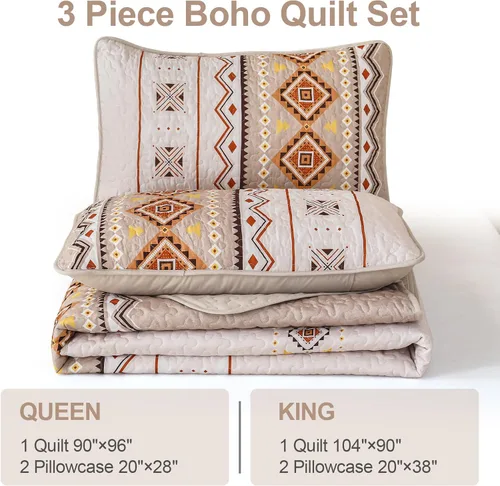 Miniatura 6 de WONGS BEDDING Juego de edredón bohemio de color beige, tamaño Queen, juego de colcha con estampado geométrico con 2 fundas de almohada, juego