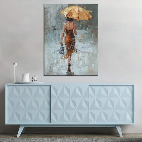 Miniatura 4 de Lienzo de pared con paraguas de niña con vestido caqui caminando en la calle lluvia pintura arte moderno lienzo abstracto obra de arte
