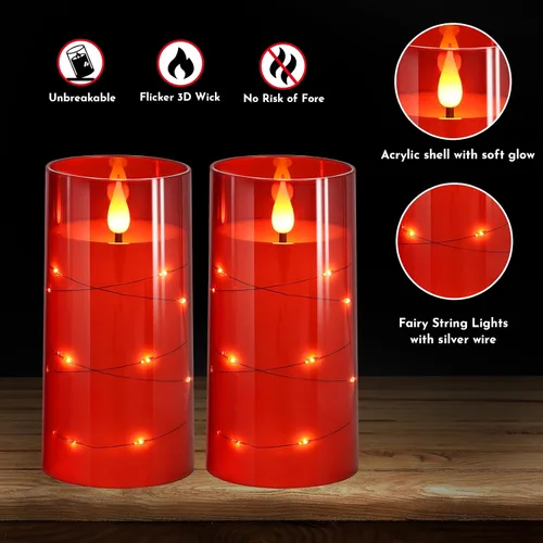 Miniatura 3 de NURADA Velas parpadeantes sin llama: luces de cadena de estrellas integradas que funcionan con pilas, velas LED de pilar con control remoto y Rojo