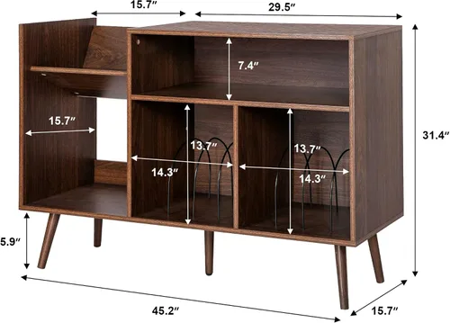 Miniatura 2 de Soporte grande para tocadiscos, mesa de almacenamiento de discos de vinilo de mediados de siglo con patas de madera y almacenamiento de discos